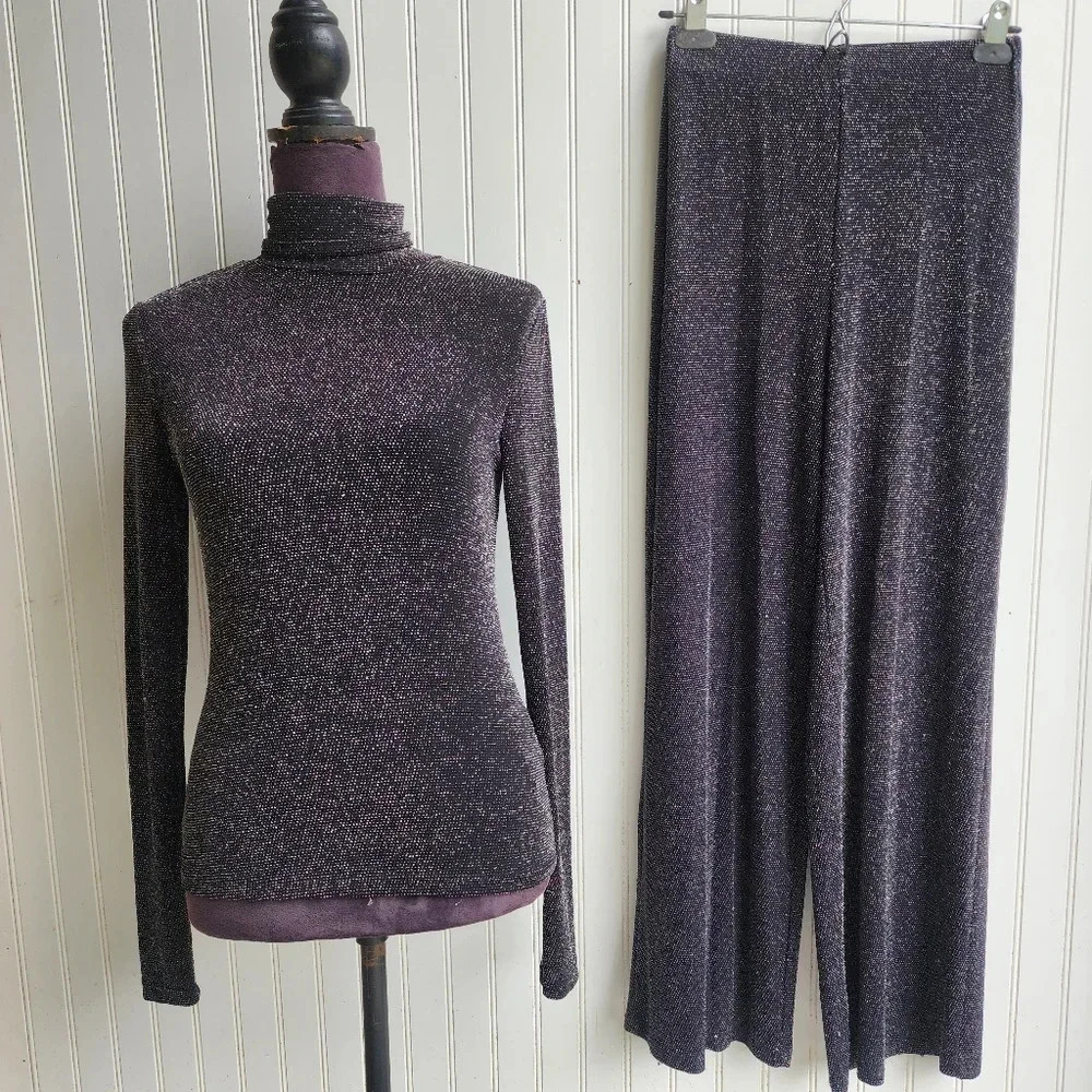 H&M 2 PC Super Stretch Knit Black Silver Turtleneck Wide Pant Party Set S XS